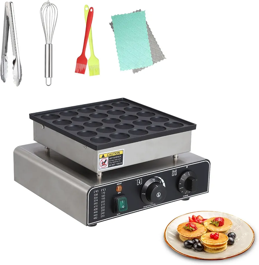 Mini Muffin Maker, Dutch Pancakes Maker Machine with 25Pcs 1.8" Round Pan and Heart Shaped Pan, Commercial Electric Waffle Machine, Non-stick Dorayaki Maker, Mini Pancakes Maker with 50-300℃ Temperatu