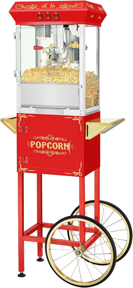 Movie Night Popcorn Machine - 3-Gallon Antique Popper with Cart, 8oz Kettle, Old Maids Drawer, Warming Tray, and Scoop by Great Northern Popcorn (Red)