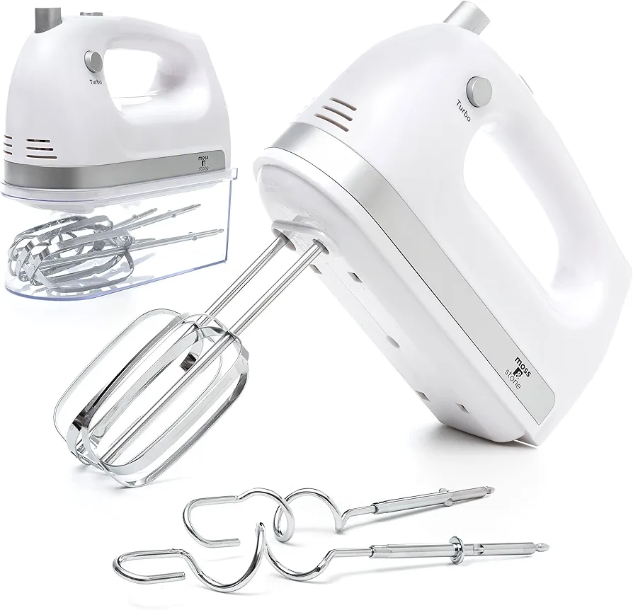 Moss & Stone White Hand Mixer With Snap-On Storage Case, 5 Speed Hand Mixer Electric, 250W Power handheld Mixer for Baking Cake Egg Cream Food Beater,+ 4 Stainless Steel Accessories