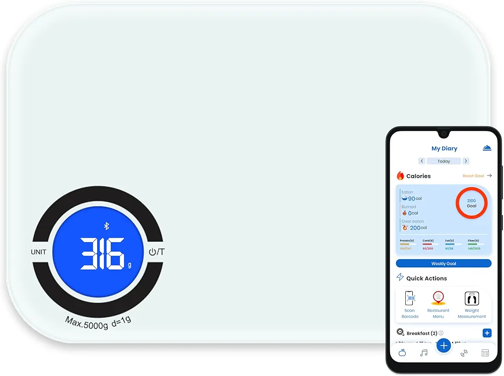 NextLevelFit Smart Kitchen Scale- Digital Weight Grams and Oz Food Scale with Nutritional Calculator for Weight Loss, Accurately Track Calories & Macros with Bluetooth Fitness App (White).