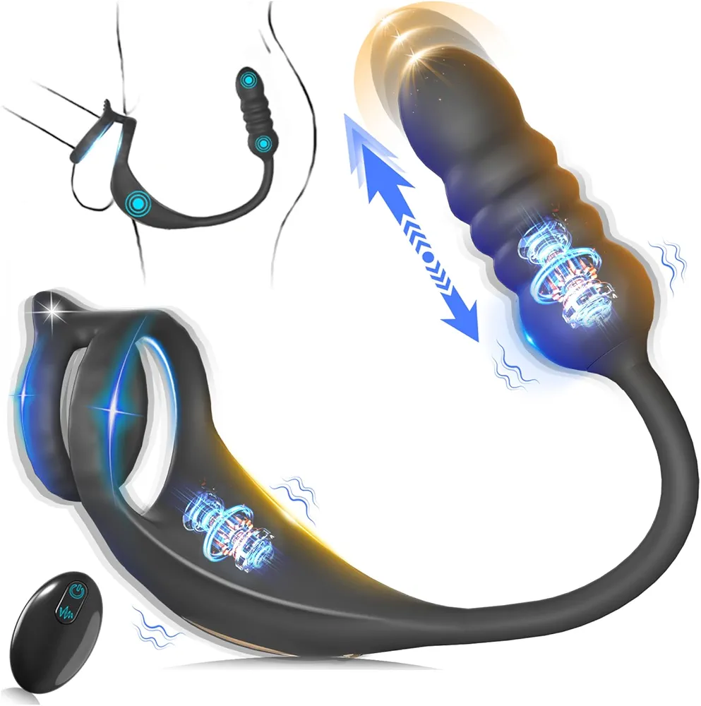 Thrusting Prostate Massager Sex Toy with Vibrating Cock Ring Taint Stimulator, Anal Dildo Vibrator Adult Sex Toys Games, MXUXEN Kinky Remote Control Silicone Anal Butt Plug Trainer Stimulator for Men