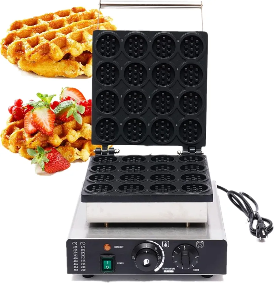 Waffle Maker Nonstick Electric Waffle Machine Stainless Steel 16pcs Mini Round Waffle Maker 1750W Temperature and Time Control 50~300℃ 110V Commercial & Home