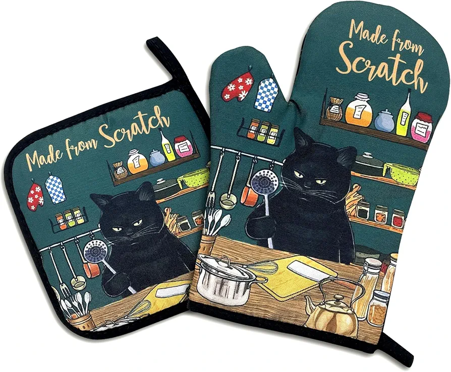 Made from Scratch,Funny Oven Mitts and Pot Holders Sets of 2,Silicone Non-Slip Oven Mitts,Kitchen Gift for Men Women,Cooking Baking BBQ Gifts,Cat Oven Mitts,Cat Lover Gift