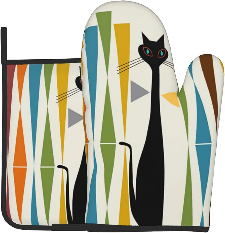 Print Mid-Century Modern Art Cat Oven Mitts and Pot Holders Sets Resistant Hot Pads with Polyester Non-Slip Gloves for Kitchen,Cooking,Baking,Grilling