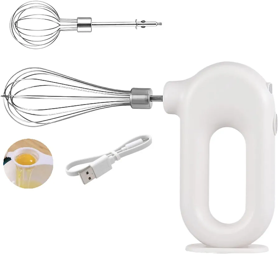 Cordless Hand Mixer Electric Handheld Mini Egg Beater 4 Speed Adjustable Mini Hand Mixer Electric Mixer, USB Charing, 1500mAh(White)