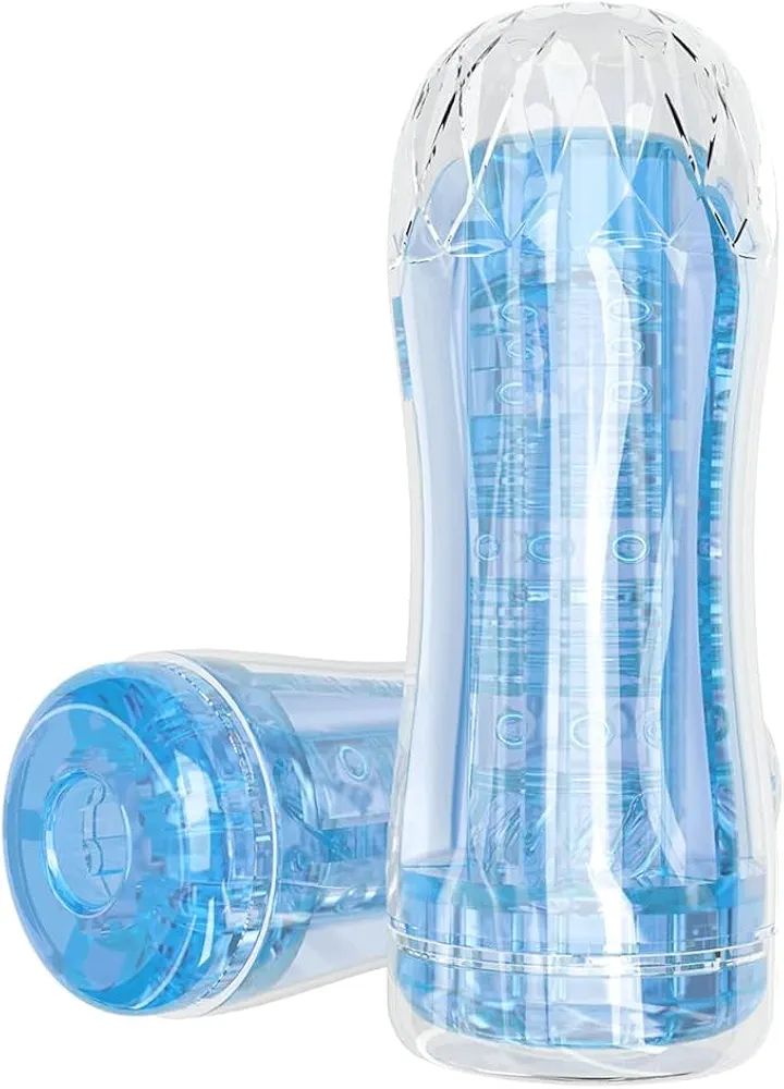 Manual Sucking Extrusion Male Masturbators, Portable Transparent Pocket Pussy Stroker with Vagina Textured Blowjob Machine Sex Toys Penis TPE Masturbation Sleeve for Men (Blue)