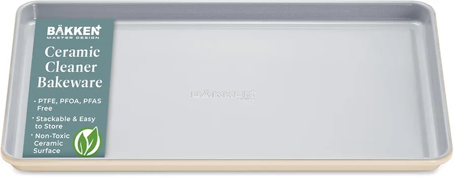 Bakken Ceramic Baking Sheet Non Stick - 10x15.5 Aluminum Cookie Sheets, Non-Toxic Baking Sheet Set, Easy Clean Non-Stick Cookie Sheets for Baking Cookies and More - Cream