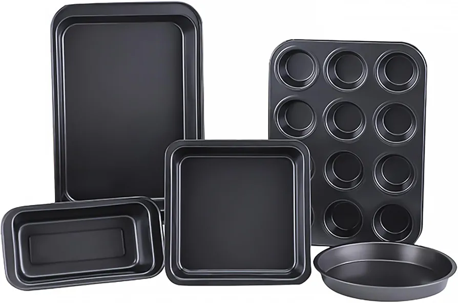 Baking Pans Set, 5-Piece Nonstick Bakeware Set with Round/Square Cake Pan, Muffin Pan, Loaf Pan, Cookie Sheet, Kitchen Cookware Pan Baking Sheet Set for Oven Baking (Black)