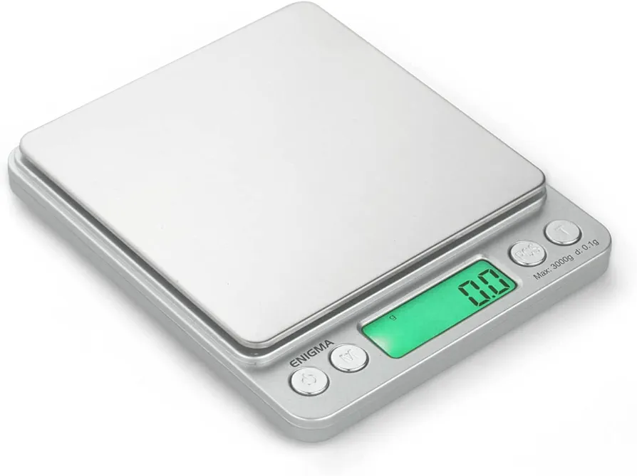 Enigma Digital Coffee Scale - (3000g x 0.1g Silver) Digital Food Scale - Coffee Weight Scale - High Precision Scale - Automatic Counting Scale - Digital Kitchen Scale - Espresso Scale
