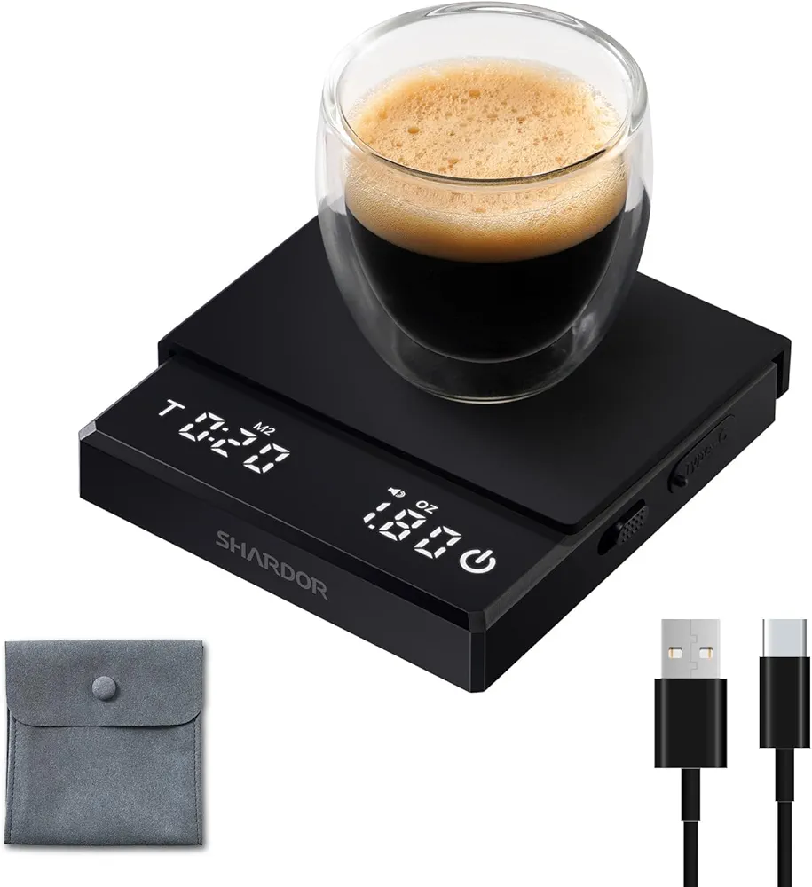 SHARDOR Professional Mini Coffee Scale with Timer 0.01oz High Precision Espresso Pour Over Scale Rechargeable Digital Coffee Scale Portable Coffee Bean Scale with Auto Timing, Silicone Pad, Black