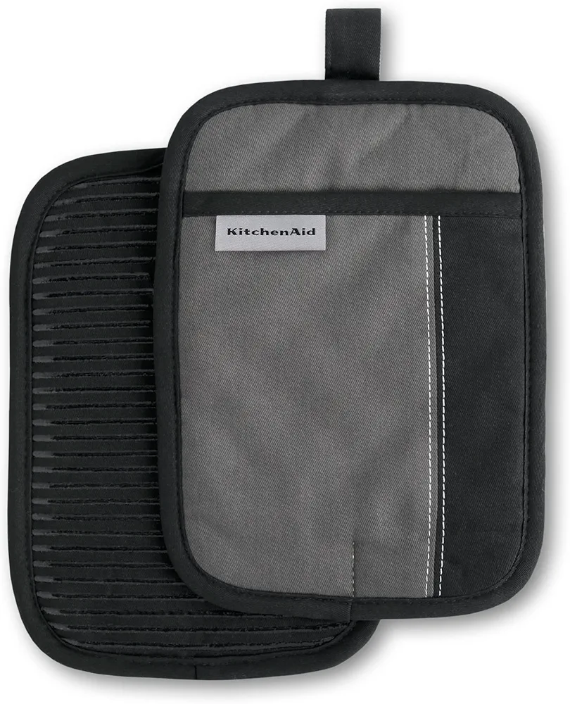 KitchenAid Beacon Two-Tone Non-Slip Pot Holder Set, Contour Silver/Onyx Black, 7"x10", 2 Piece
