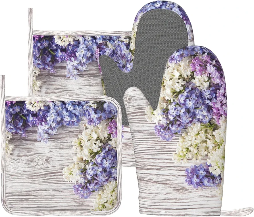 Elegant Lilac Lavender Flower Wood Oven Mitts and Pot Holders Set of 4 Silicone Heat Resistant Oven Mitten Potholders Non Slip Gloves Kitchen Decor for BBQ Cooking Grilling Baking