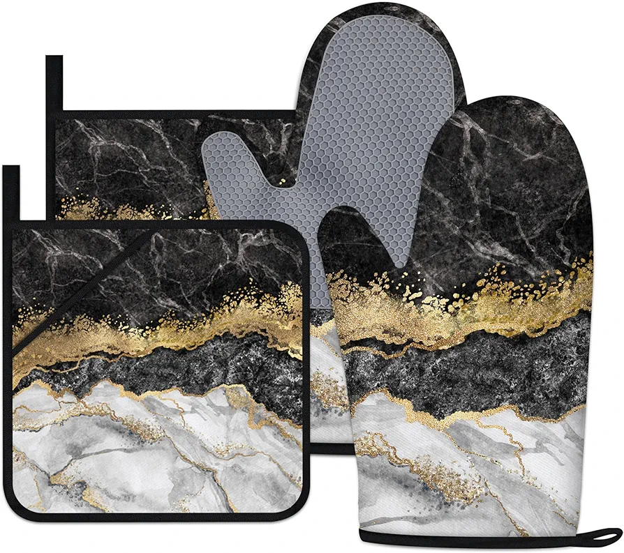 Black Gold Oven Mitts and Pot Holders Sets Marble Kitchen Accessories of 4 Heat Resistant Oven Gloves Hot Pads with Non-Slip Silicone Surface for Chef Cooking Baking