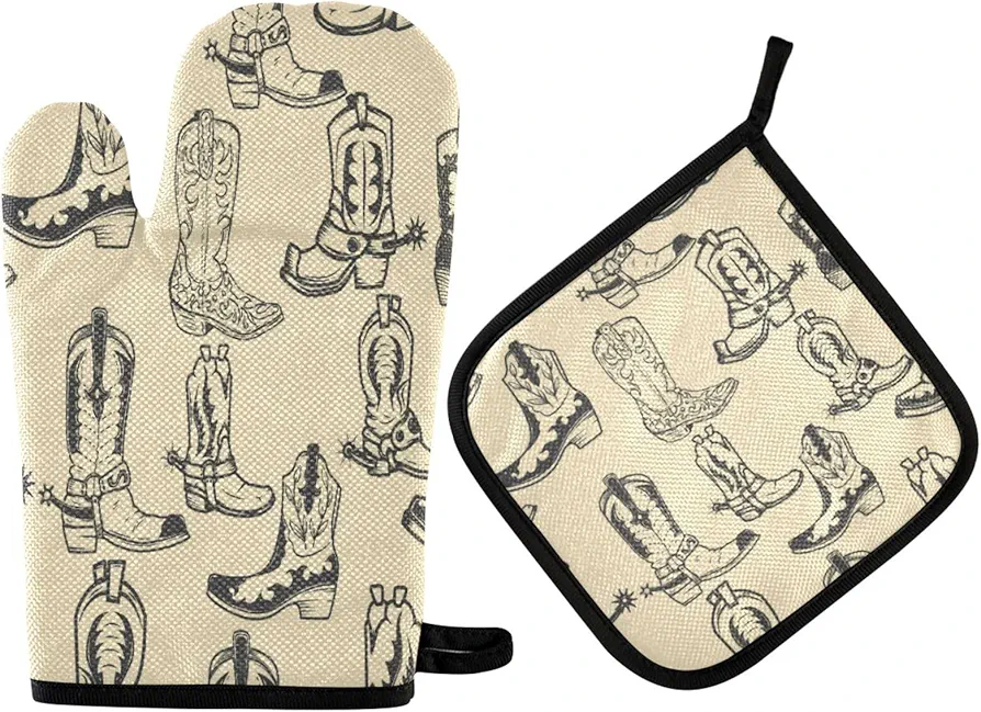 QUGRL Cowboy Boots Oven Mitts and Pot Holders Set Western Kitchen Oven Gloves Hot Pads Heat Resistant Handling Cooking Cookware Bakeware BBQ