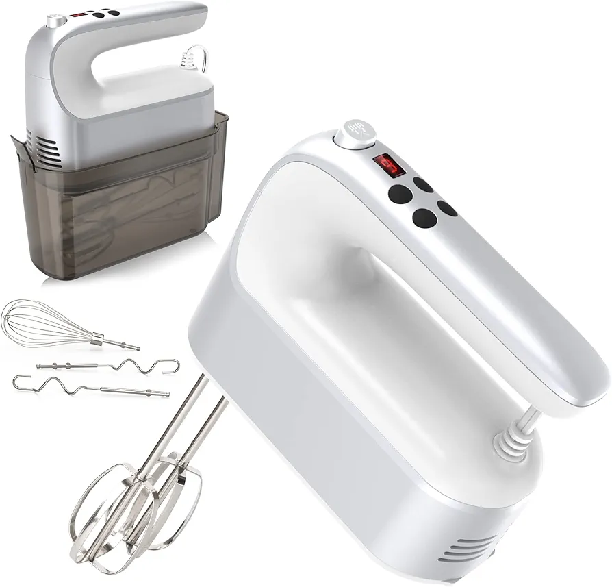Hand Mixer 9 Speed with Digital Display, Touch Buttons, DC Motor and 5x Stainless Steel Accessories（Light Silvery)