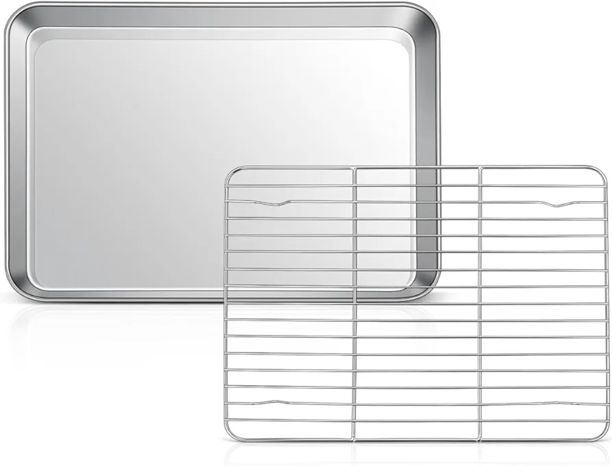 Baking Sheet Pan with Rack Set, Joyfair Stainless Steel Toaster Oven Pans Tray & Cooling Racks for Cookie/Jelly Roll/Bacon/Meat, Commercial Metal & Rust-free, Dishwasher Safe (2, 10.4 Inch)