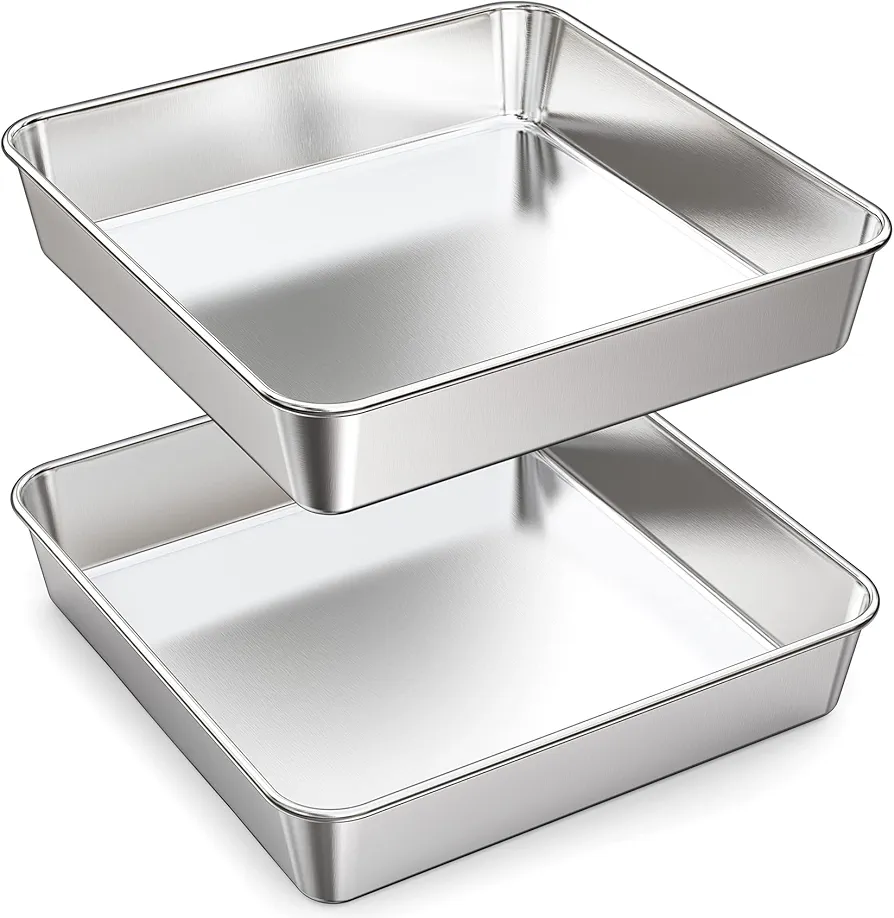 9 Inch Square Cake Pan Set of 2, Stainless Steel Baking Brownie Pan for Lasagna, Roaster Oven Cookie Sheet BBQ Grilling Pan for Baking Breads, Grilling Chicken & Vegetables, Dishwasher Safe