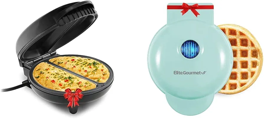 Bundle of Elite Gourmet EOM205 Nonstick Omelet Maker, Black + Elite Gourmet EWM015M Electric Nonstick Mini Waffle Maker, Belgian Waffles, Compact Design, Easy to Clean, Mint