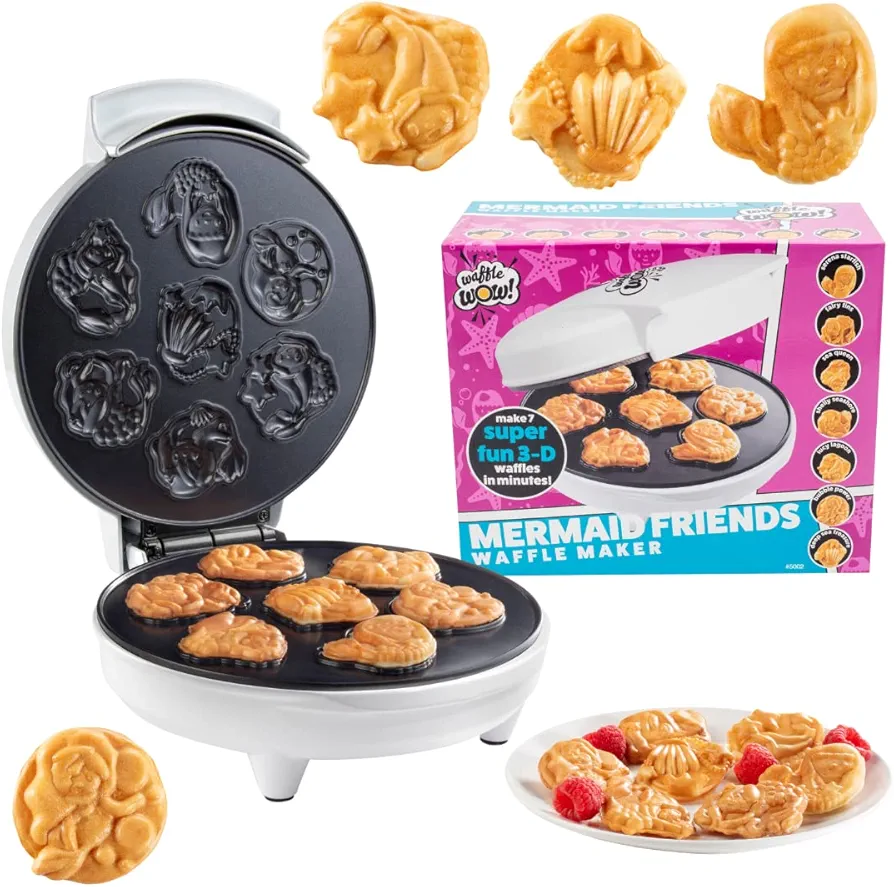 Mermaid Waffle Maker - Create 7 Different Mermaid Shaped Waffles in Minutes - A Cool Under the Sea Breakfast for Kids & Adults- Electric Nonstick Waffler Iron Ocean Theme, Holiday Gift for Girls