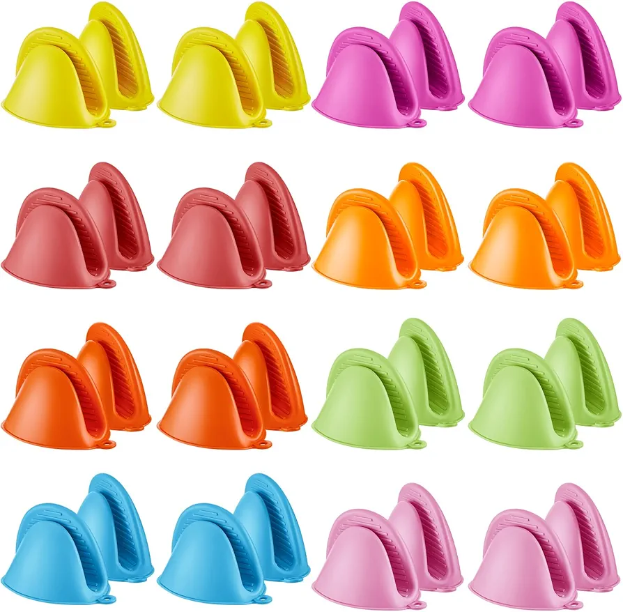 Dandat 16 Pairs Silicone Oven Mitts Cooking Pinch Mitts Mini Oven Gloves Heat Resistant Multicolor Silicone Potholders for Kitchen Cooking BBQ Air Fryer Grip Toaster Microwave, 8 Bright Colors