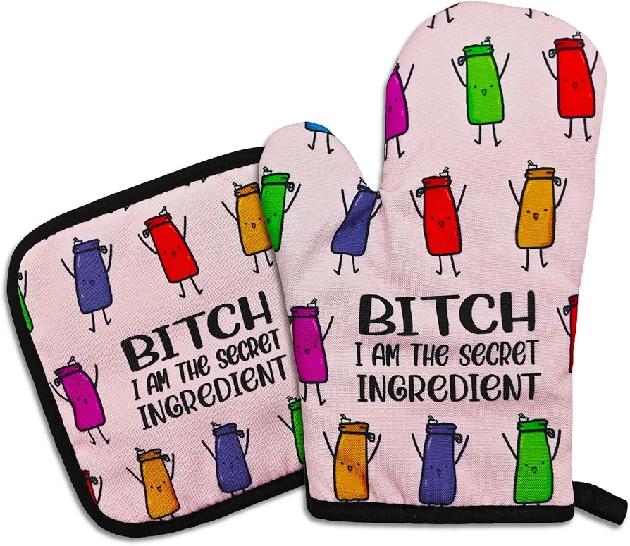 Funny Oven Mitts and Pot Holders Set Bxxch I Am The Secret Ingredient Silicone Non-Slip Oven Mitts Colorful Bottles Heat Resistant Mitts with Hanging Loop Sweet Birthday Gift for Men Women