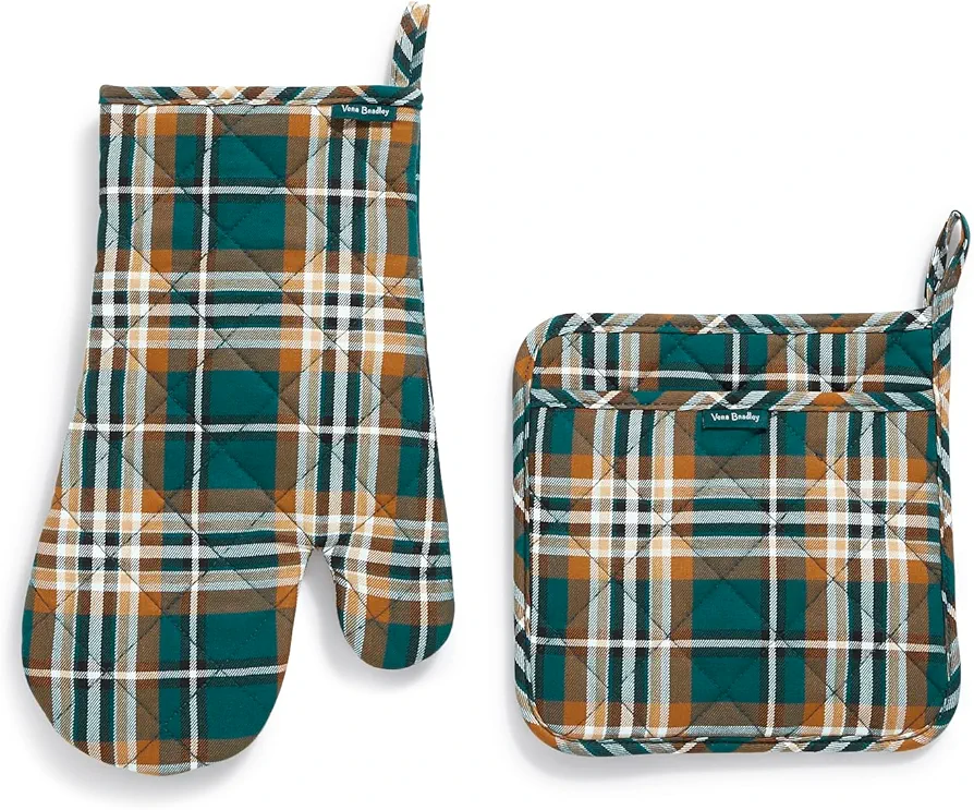 Vera Bradley Women's Cotton Pot Holder & Oven Mitt Set, Orchard Plaid, One Size