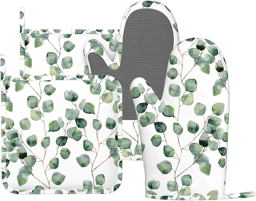 Eucalyptus Oven Mitts Pot Holders Set Green Leaves Plant Silicone Kitchen Oven Mitts Heat Resistant Sage Green Eucalyptus Potholders Non-Slip 4pcs Hot Pads and Oven Gloves Sets for Cooking