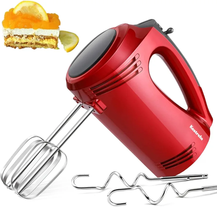 Hand Mixer Electric Handheld with Flat Bottom, Portable Mixer for Kitchen Baking Cake, Powerful Mixing for Thicker Doughs with dough hooks