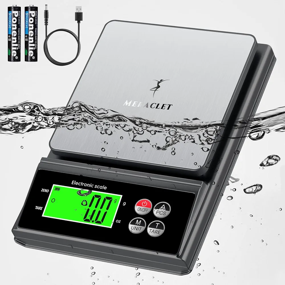 Kitchen Scale, Digital Food Scale Waterproof - Cooking & Baking Gram Scale for High Precision Weight Loss with Stainless Steel Weighing Large Platform and USB Rechargeable, 10kg/22lb, Grey.