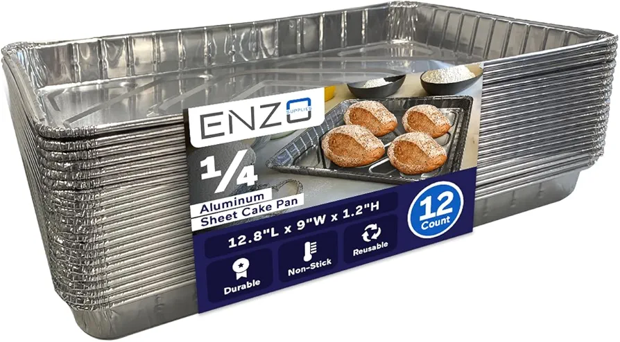 Aluminum 1/4 Sheet Cake Pan - Cookie Sheet | Baking Tray | 12.8'' x 8.9'' x 1.2'' Durable Nonstick Premium Heavy Duty Baking | Reusable Sheets (Pack of 12)