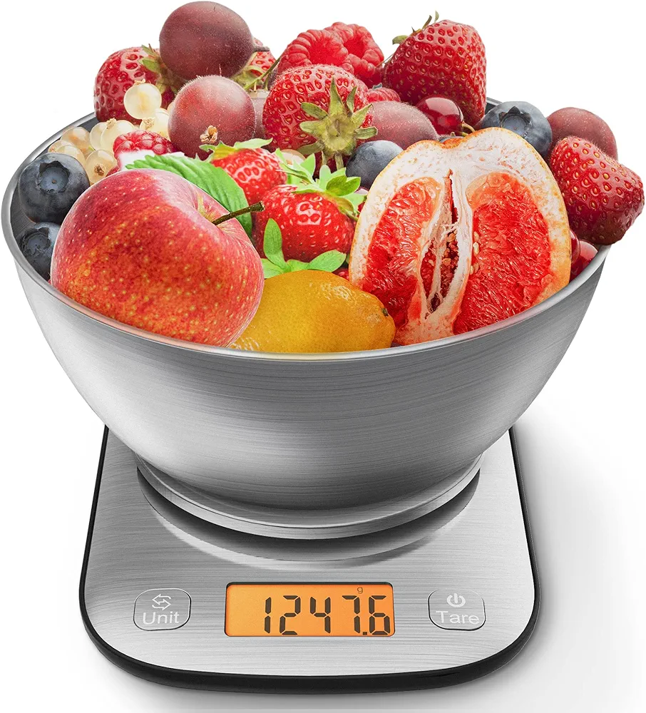Food Kitchen Scale Digital Weight Grams and Oz with IPX6 Waterproof，Professional Stainless Steel Digital Kitchen Food Scale 11lb/0.01oz with Bowl for Weight Loss Dieting Baking Cooking