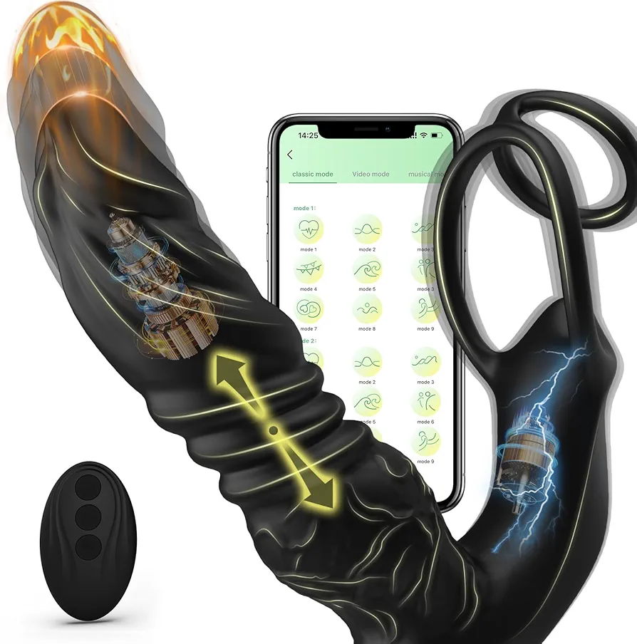 Thrusting Anal Vibrator for Men Prostate Massager, 5-in-1 Vibrating Anal Plug Dildo Shaped Vibrators with Dual Silicone Cock Ring, Adult Anal Sex Toy for Gay Men Couple