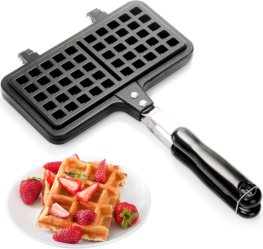 Dicunoy Non-stick Waffle Maker, 8" Camping StoveTop Waffle Maker with Long Handle, Portable Aluminum Waffle Maker Pan for Waffles Sandwich Toaster, Breakfast, Sandwich Baking