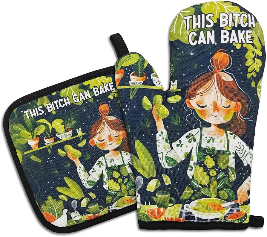 Funny Oven Mitts and Pot Holders（Set of 2） This Bxxch Can Bake Silicone Non-Slip Oven Mitts Adult Humor Heat Resistant Mitts with Hanging Loop Funny Birthday Gifts for Hostess Women Friend
