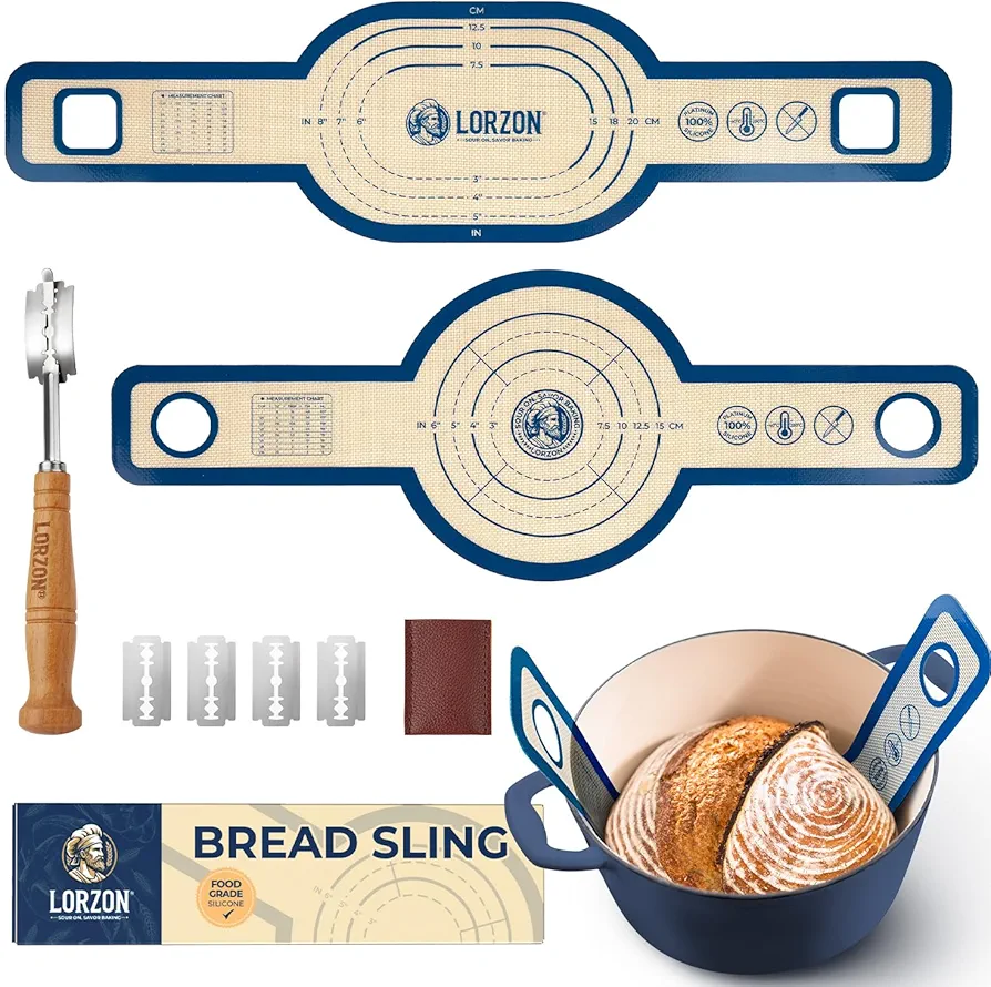 Silicone Bread Sling 2-Pack Round & Oval, Thick Sourdough Baking Sling with Bread Lame, Silicone Bread Baking Mat with Long Handles for Dutch Oven and Dough Transfer