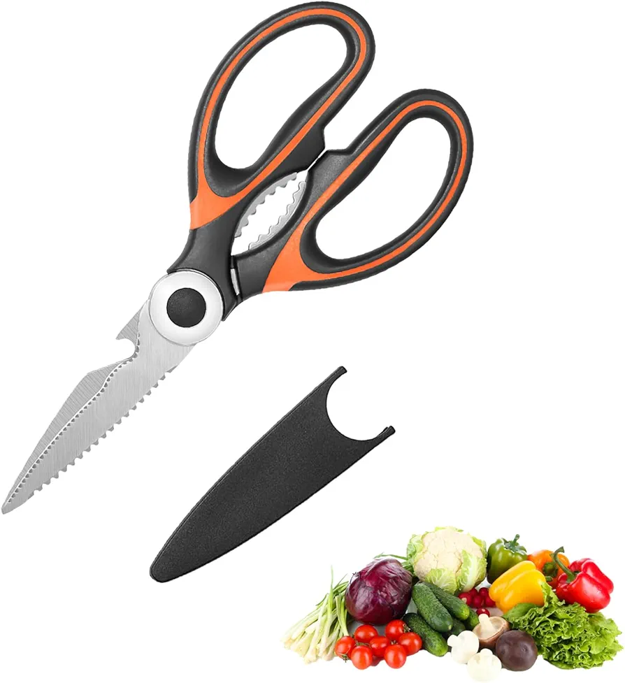Kitchen Scissors - Heavy Duty Stainless Steel Cutting Shears with Blades Cover -Multipurpose Kitchen Shears for Food, Plants, Flowers, Meat(1 Pack/Orange)