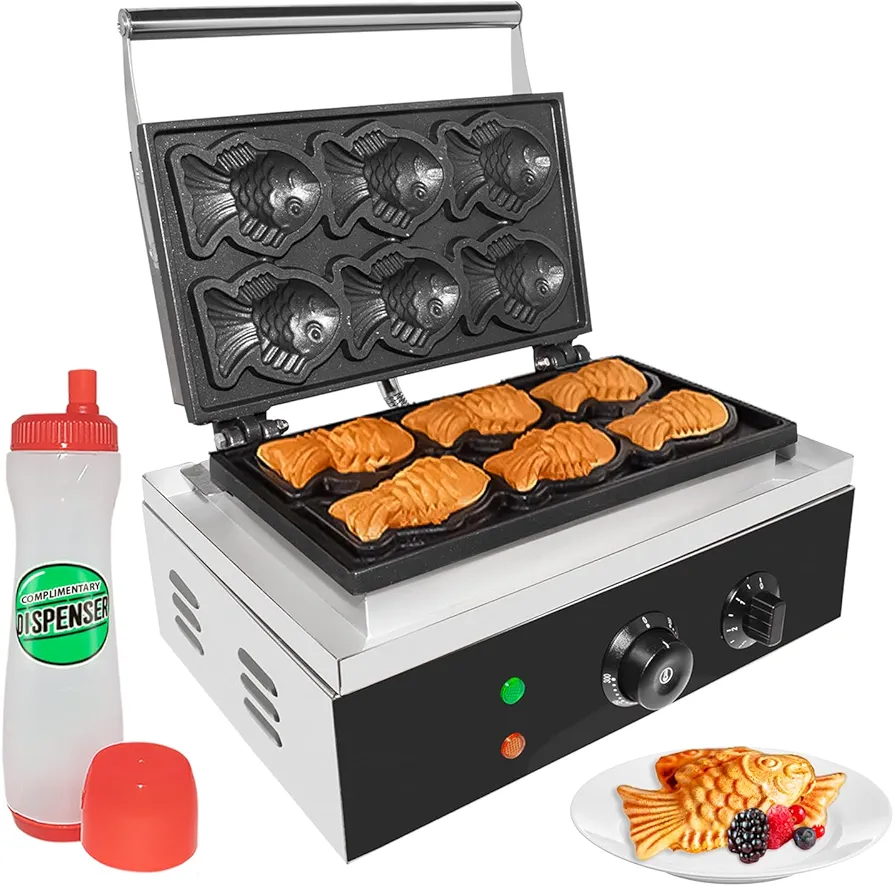 Taiyaki Fish Waffle Maker | Electric Taiyaki Machine | Fish Waffle Iron | Nonstick Coating | Commercial-Use Ready | 110V (6 small fish)