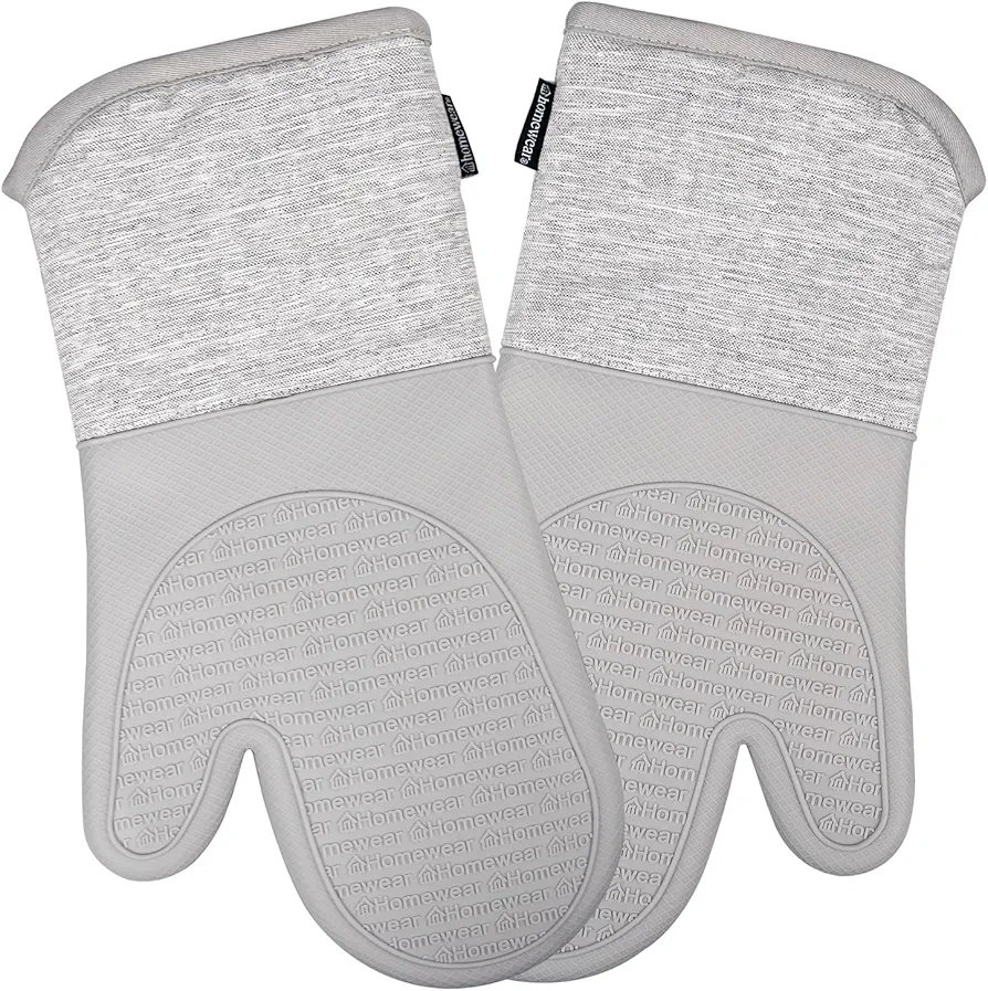 Homewear Marlow Silicone Extra Long Oven Mitt 2 Piece Set, Heat and Slip Resistant, Recycled Cotton with Soft Lining, Thick Kitchen Gloves for Cooking, Grey
