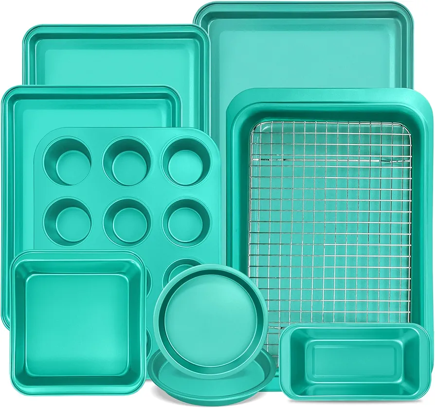 10-Piece Nonstick Bakeware Set Baking Pans, Baking Sheets, Cookie Sheets, Muffin Pan, Bread Pan, Pizza Pan, Cake Pan and Cooling Rack, Oven Safe/0.8mm Thick/Dishwasher Safe/Heavy Duty