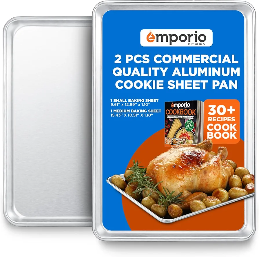 Baking Pan Set - Small and Medium Aluminum Cookie Sheet Pan (9" x 13" and 10.5" x 15"), PFOA, PFOS, PTFE Free, Recipe Booklet Included, Oven Safe Tray, Resist Heat UpTo 500°F, Set of 2