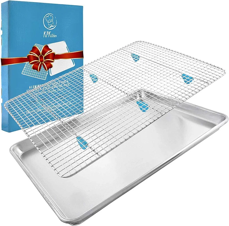 Baking Sheet with Wire Rack Set - Exclusive Silicone Feet Prevent Scratches - Bacon Rack for Oven Pan - Aluminum Half Sheet Pans for Cooking with Stainless Steel Wire Baking Rack for Oven Cooking Rack