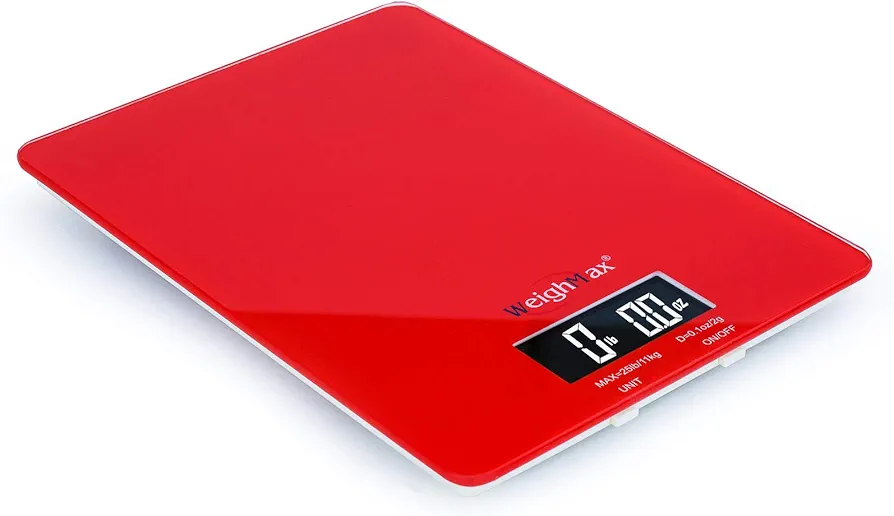 Weighmax Tempered Glass Digital Mailing and Food Kitchen Scale, 25lbs/11kg, Red