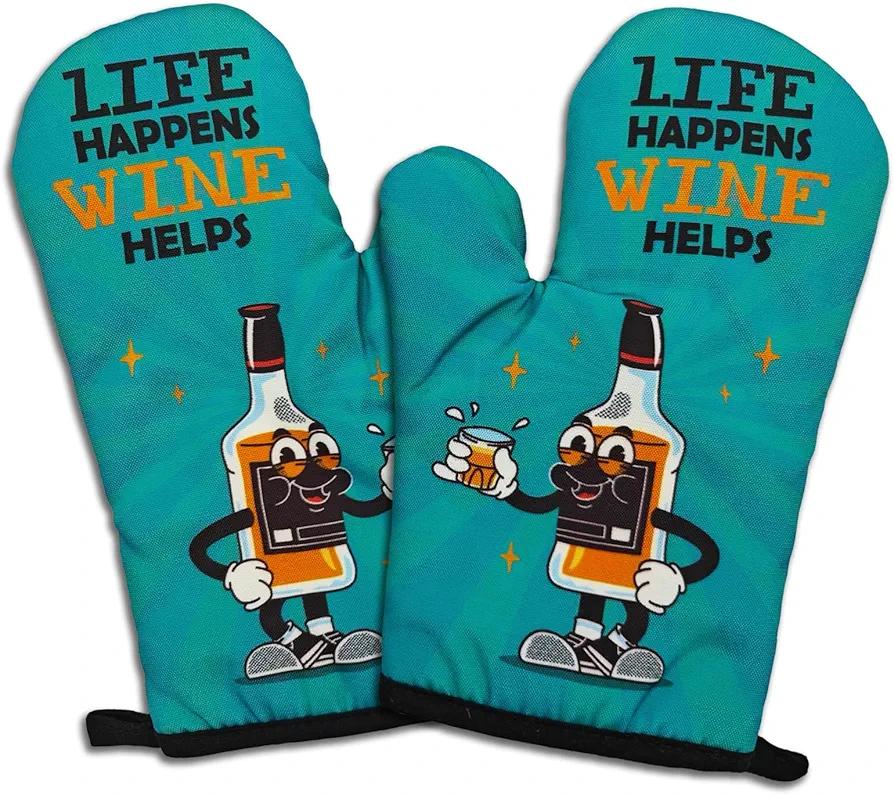 2 Pcs Funny Oven Mitts Life Happens Wine Helps Heat Resistant Mitts for Kitchen Decor Trendy Silicone Non-Slip Oven Mitts with Hanging Loop Great Birthday Gifts for Wine Lover Friend Baker