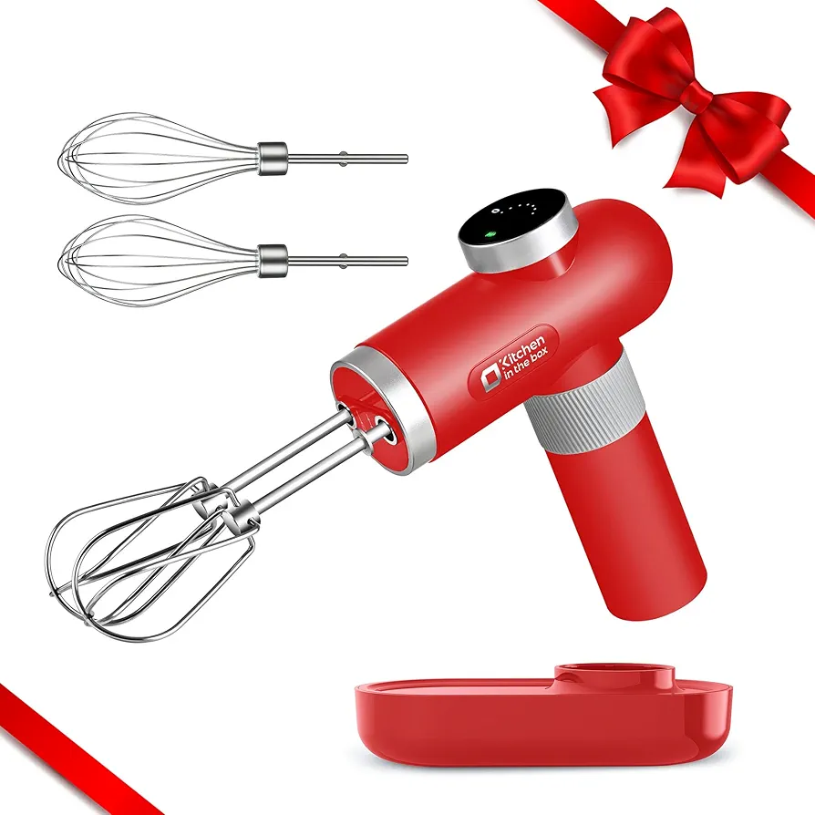 Kitchen in the box Cordless Rechargeable Handheld Mixer for Kitchen, Portable Electric Kitchen Mixer with Beaters, Whisks, 6-Speed Digital Display, Charging Base and USB-C Charge Cable (Classic Red)