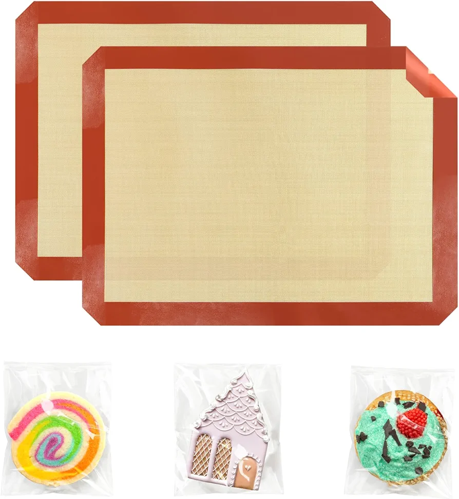 Silicone Baking Mat, 2Pack Non-Stick Reusable & 15.7"x11.8" Food Safe Silicone Mats + 200Pcs Cookies Bags for Baking, Oven Baking Sheet for Making Cookies, Macaroons, Bread BM-02