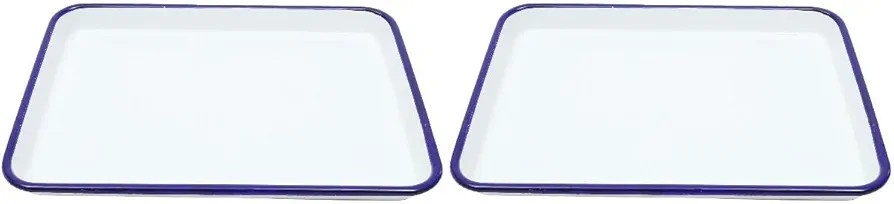 Enamelware Collection: 2pcs 26x18cm Blue Rim Solid White Enamel Baking Cookie Sheet Pans Rectangular Serving Dish Enamel Roasting Baking Tray for Kitchen