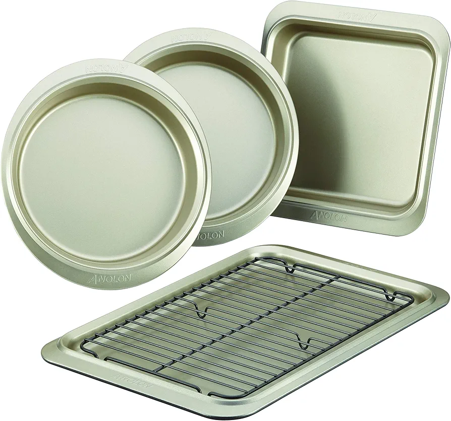 Anolon Allure Nonstick Bakeware Set includes Nonstick Cookie Sheet with Rack, Baking Pan and Cake Pans - 5 Piece, Onyx/Black/Pewter