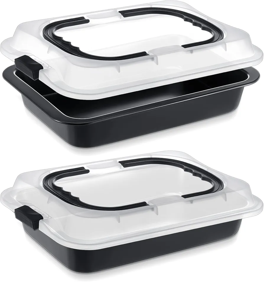2 Pcs Cake Baking Pan with Lid and Handle, 9 x 13 Inch Non-stick Cake Pan, Rectangle Sheet Cake Pan Carrier for Sheet Cake Brownie Roasting Cooking Baking Pan and Lids Set
