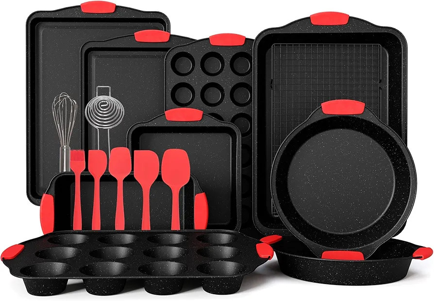 MAISON ARTS 18-Piece Nonstick Carbon Steel Baking Pans Set, Black Stackable Bakeware Sets for Cooking, 500°F Oven Safe, Cookie Sheets, Loaf, Muffin, Pizza, Pie, Round/Square Pans with Silicone Grips