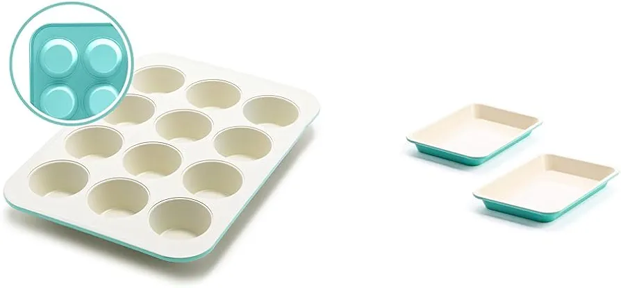 GreenLife Bakeware Healthy Ceramic Nonstick, 12 Cup Muffin and Cupcake Baking Pan, PFAS-Free & Healthy Ceramic Nonstick, 9" x 7" Toaster Oven Cookie Sheet Baking Pan Set, PFAS-Free